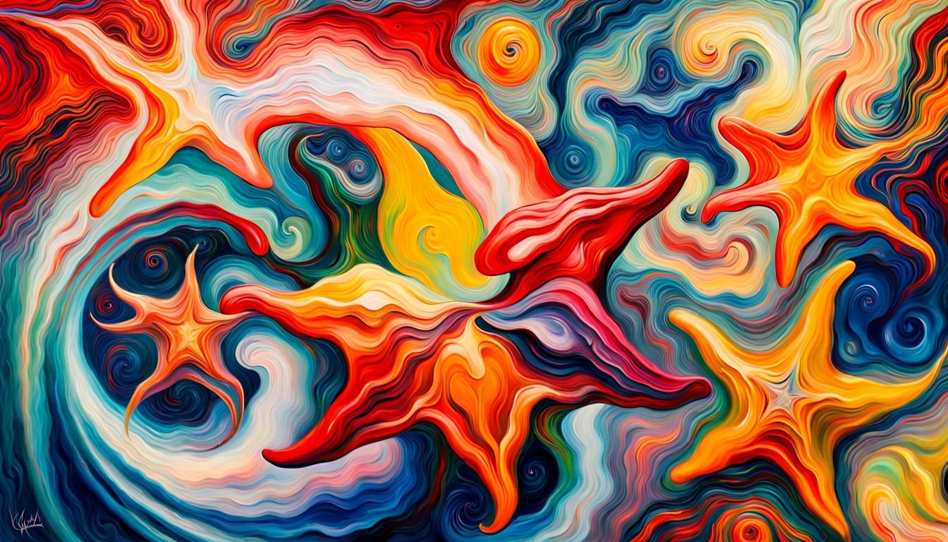 Iridescent Star Peppers in Magnetic Maelstrom, Impasto Oil