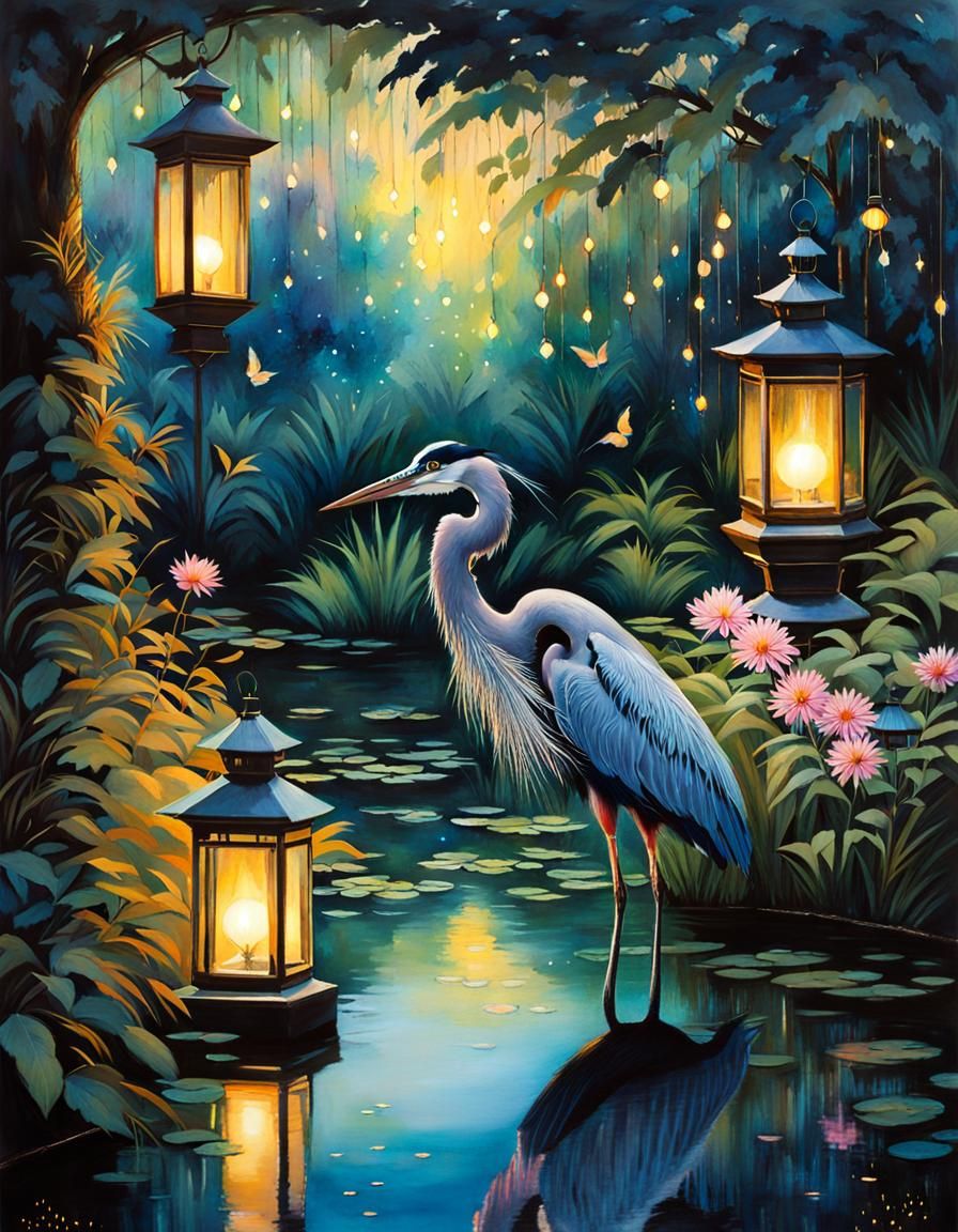 Blue Heron in Mystical Garden at Dusk
