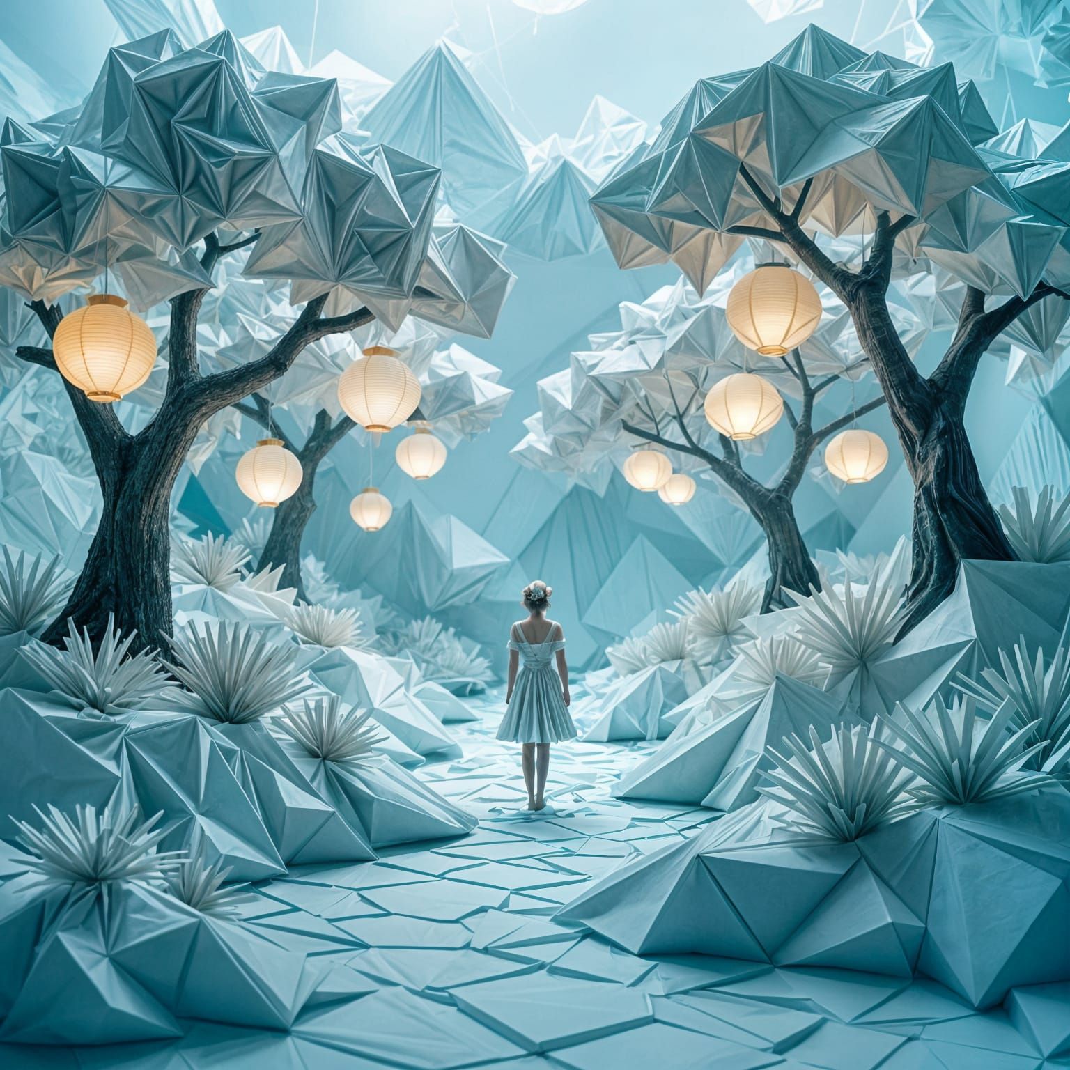 Origami Dreamscape with Floating Islands and Paper Figure