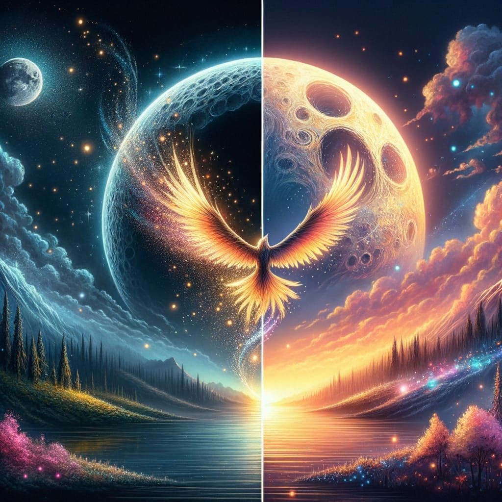 Magical Landscape: Bird Soaring to the Moon