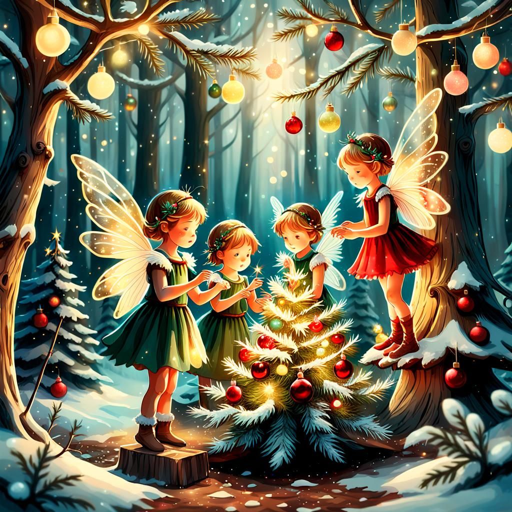 Whimsical Fairy Children Decorate Christmas Tree in Enchante...
