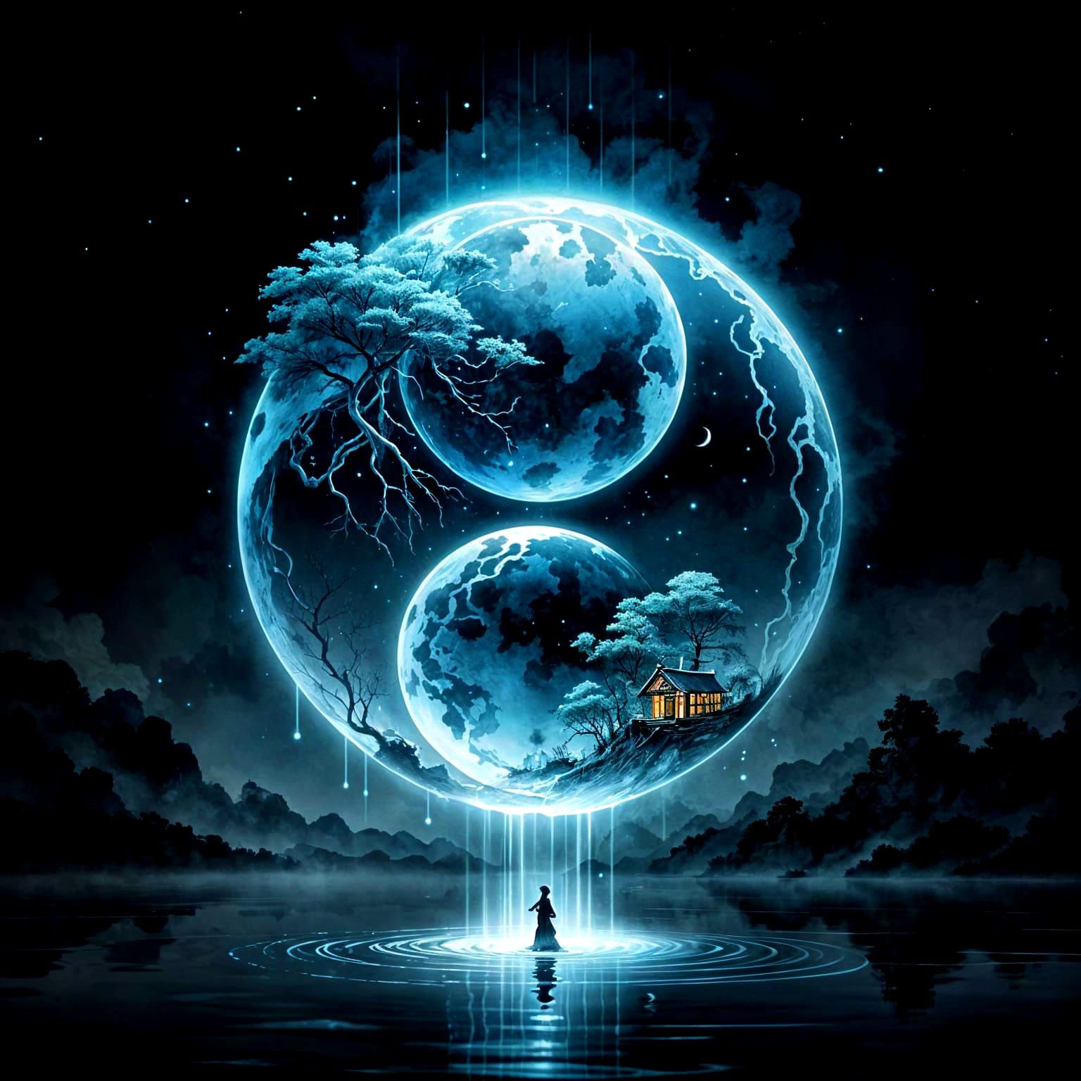 Yin Yang Moon with Steampunk Cities, Sumi-e Style