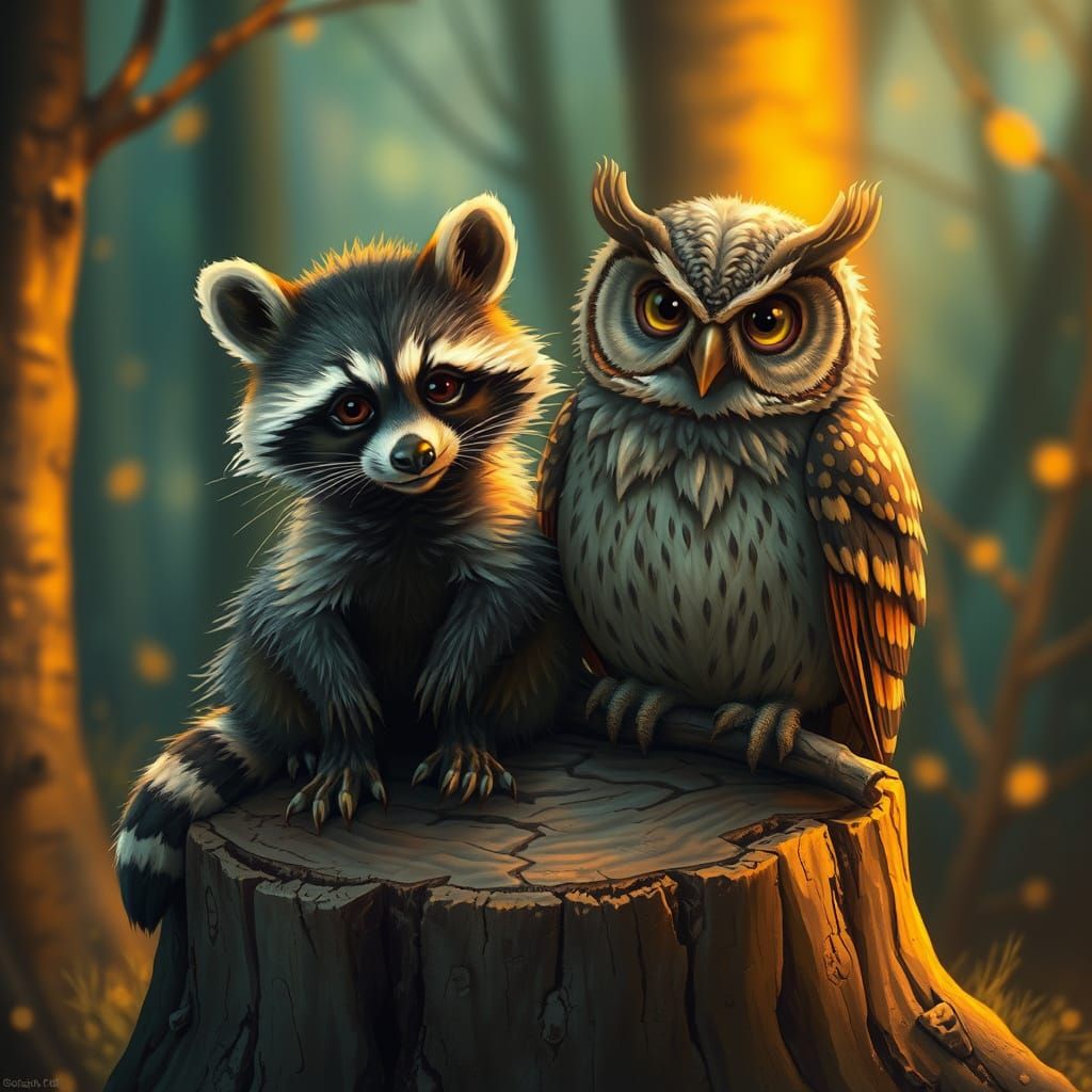 Raccoon and Owl Friendship in Golden Light