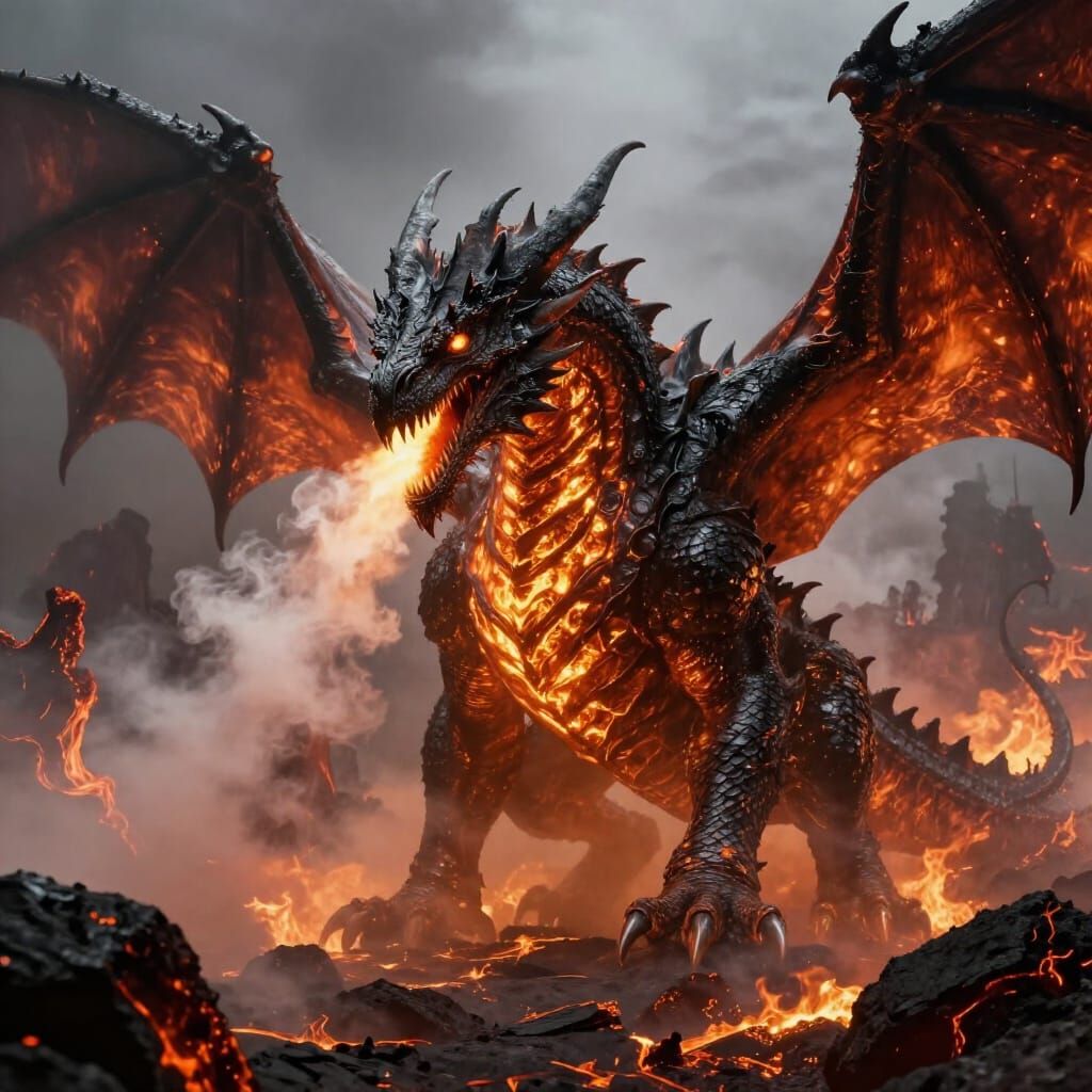 Colossal Obsidian Dragon Emerges From Smoldering Ash