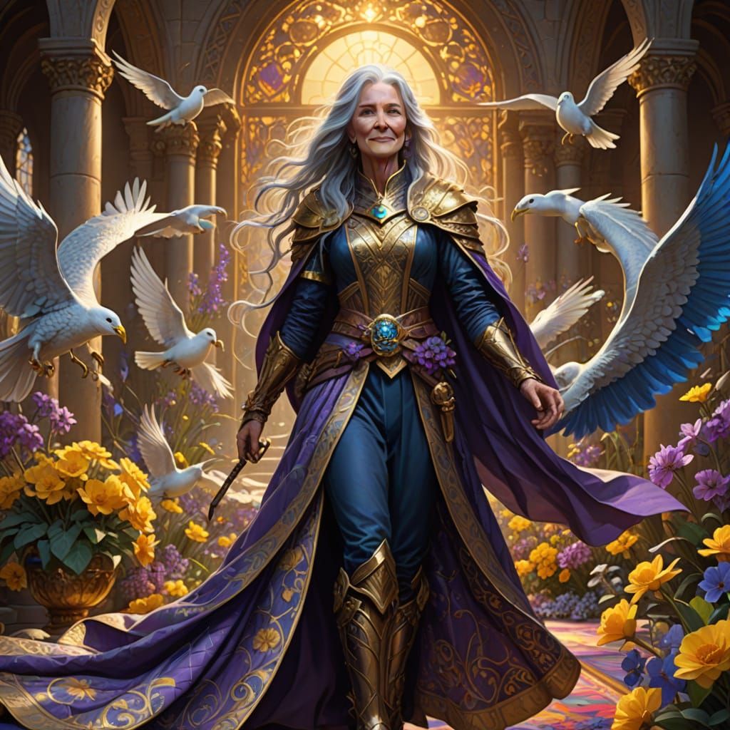 Serene Woman in Golden Quilt, Stepping on Python