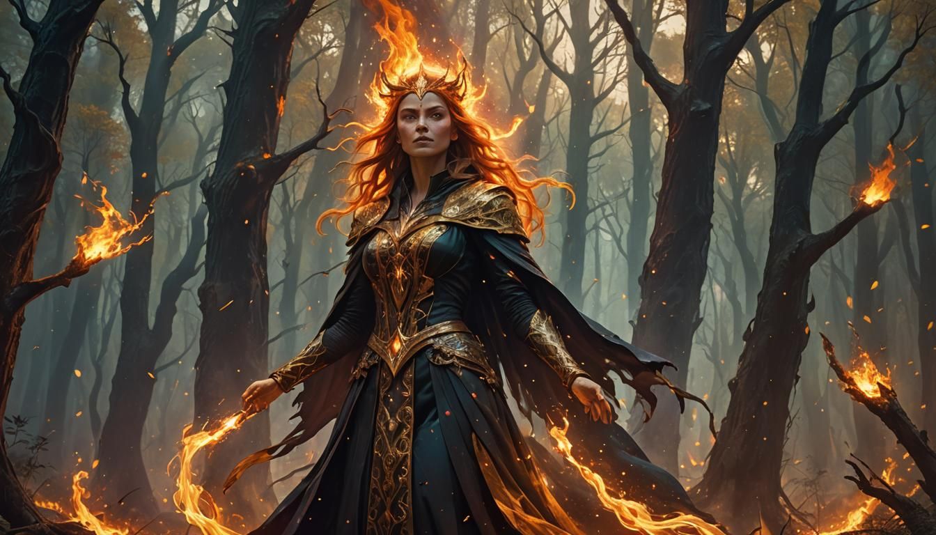 Sorceress Amidst Burning Forest in Magical Realism