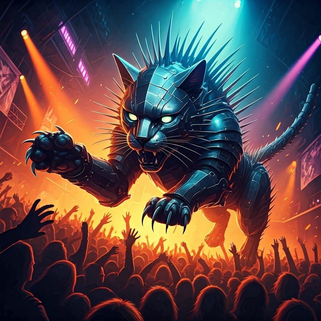 Metallic Cat Leaps into Mosh Pit: Cyberpunk Style