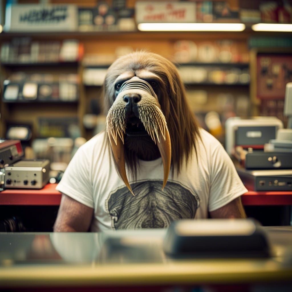A Walrus wearing a "Death Metal" T-shirt working the counter at a 1970's style punk rock record store II