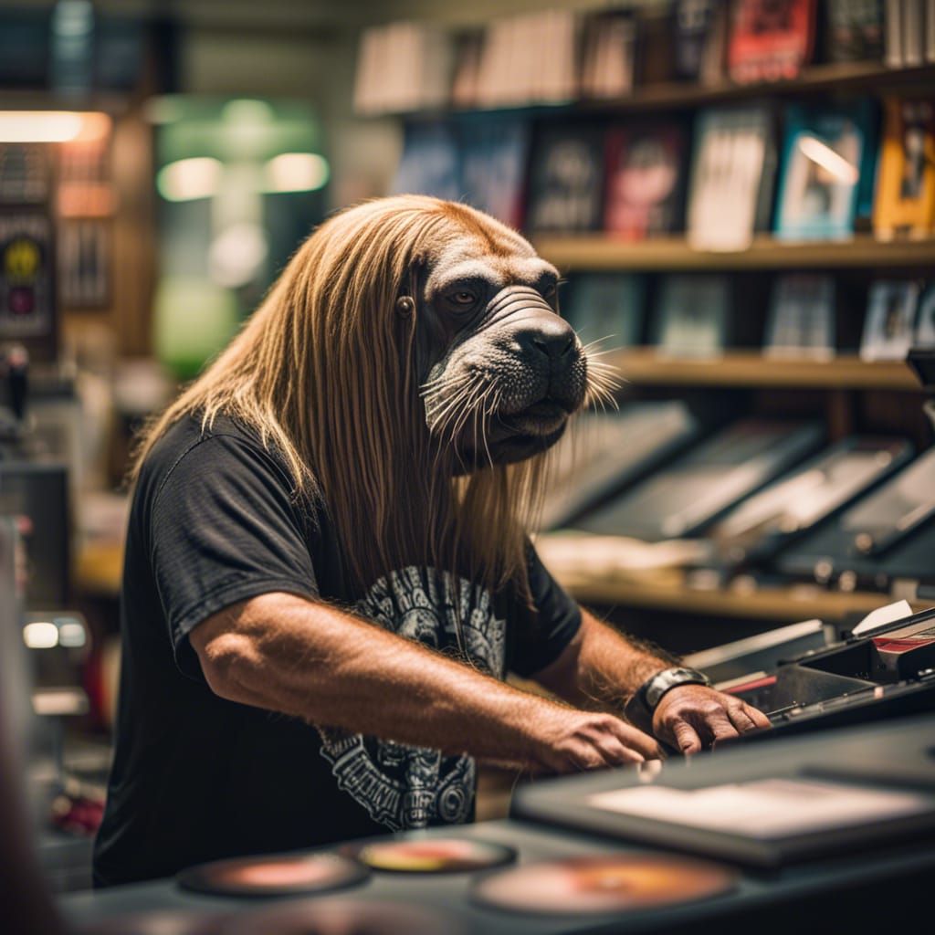 A Walrus wearing a "Death Metal" T-shirt working the counter at a 1970's style punk rock record store III