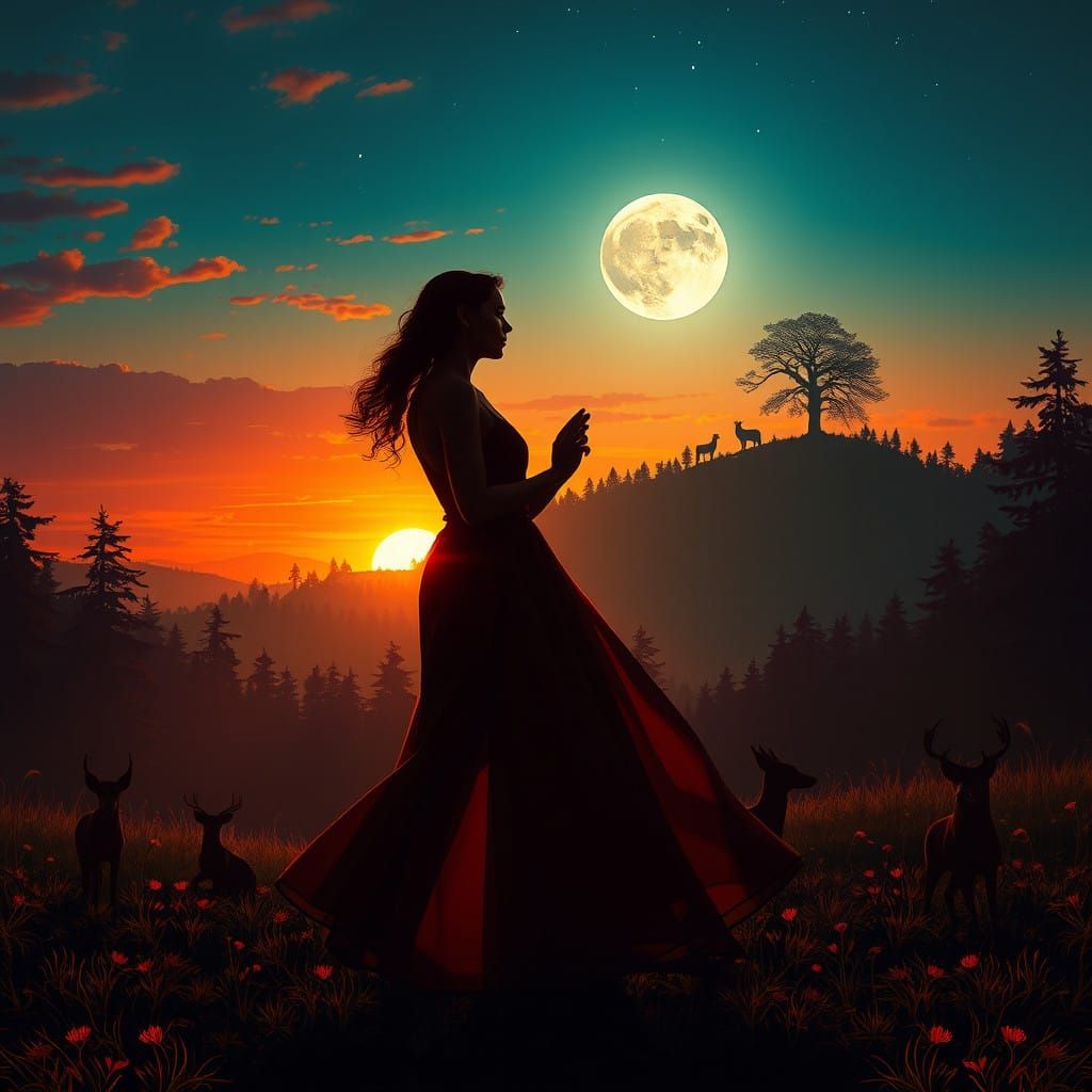 Romantic Sunset Dance in a Fantastical Forest Landscape