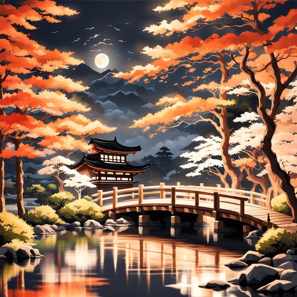 Japanese Garden Night View in Anime Style