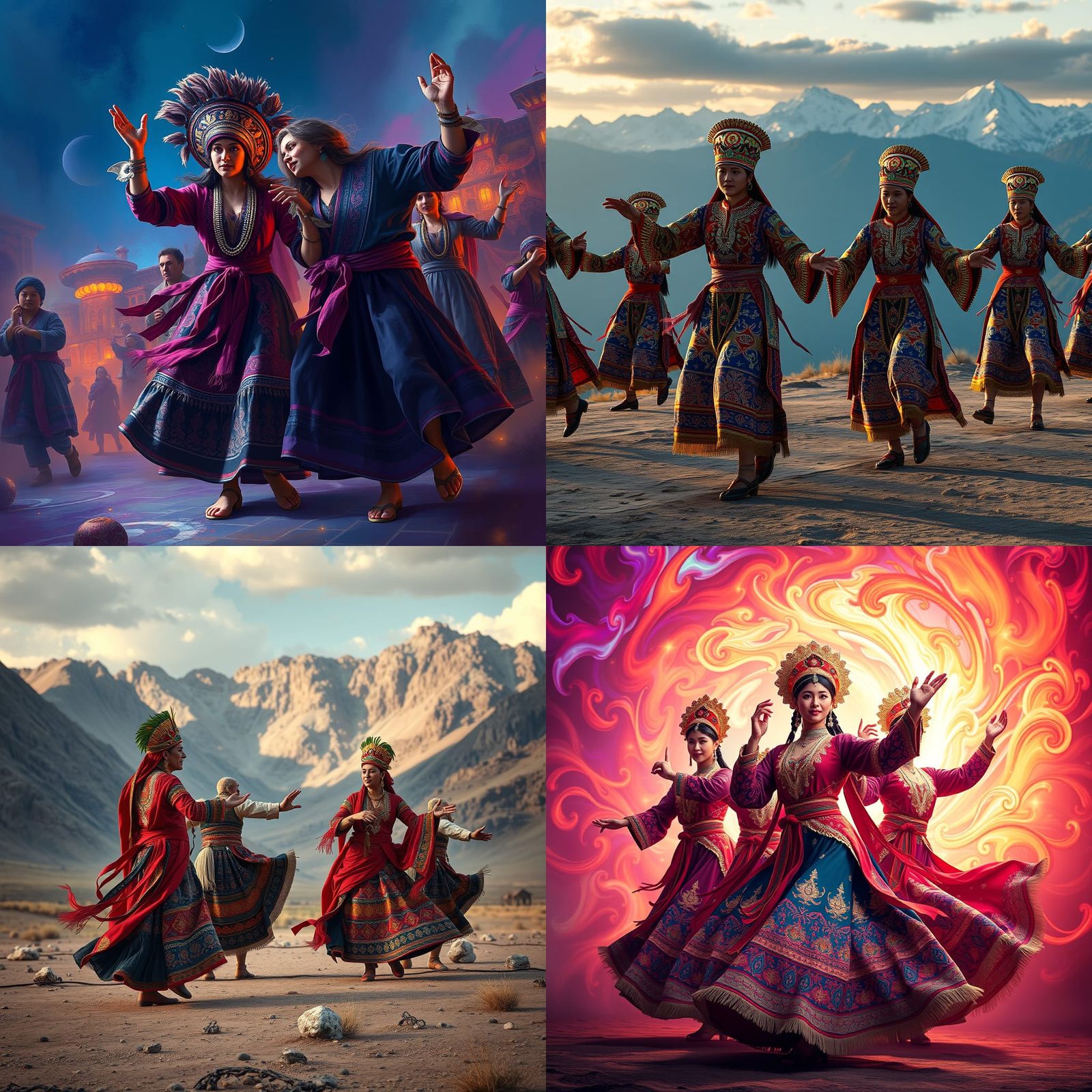 Kyrgyz and Turkish People Dancing in Traditional Clothes