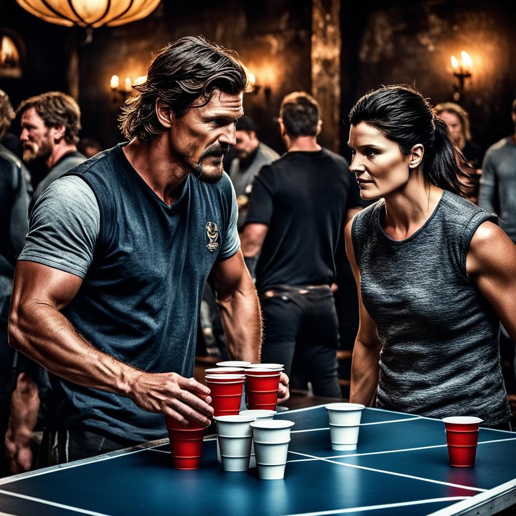 Pedro Pascal and Gina Carano Play Beer Pong with Vikings