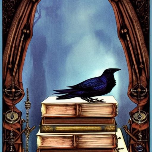 Gothic Raven on Books with Steampunk Instruments