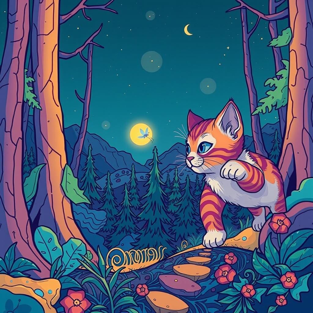 Kitten Chasing Firefly in Colorful Vector Art