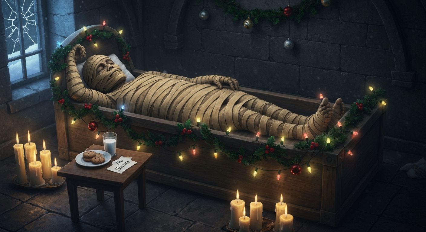 Whimsical Gothic Mummy Sleeps in Decorated Sarcophagus