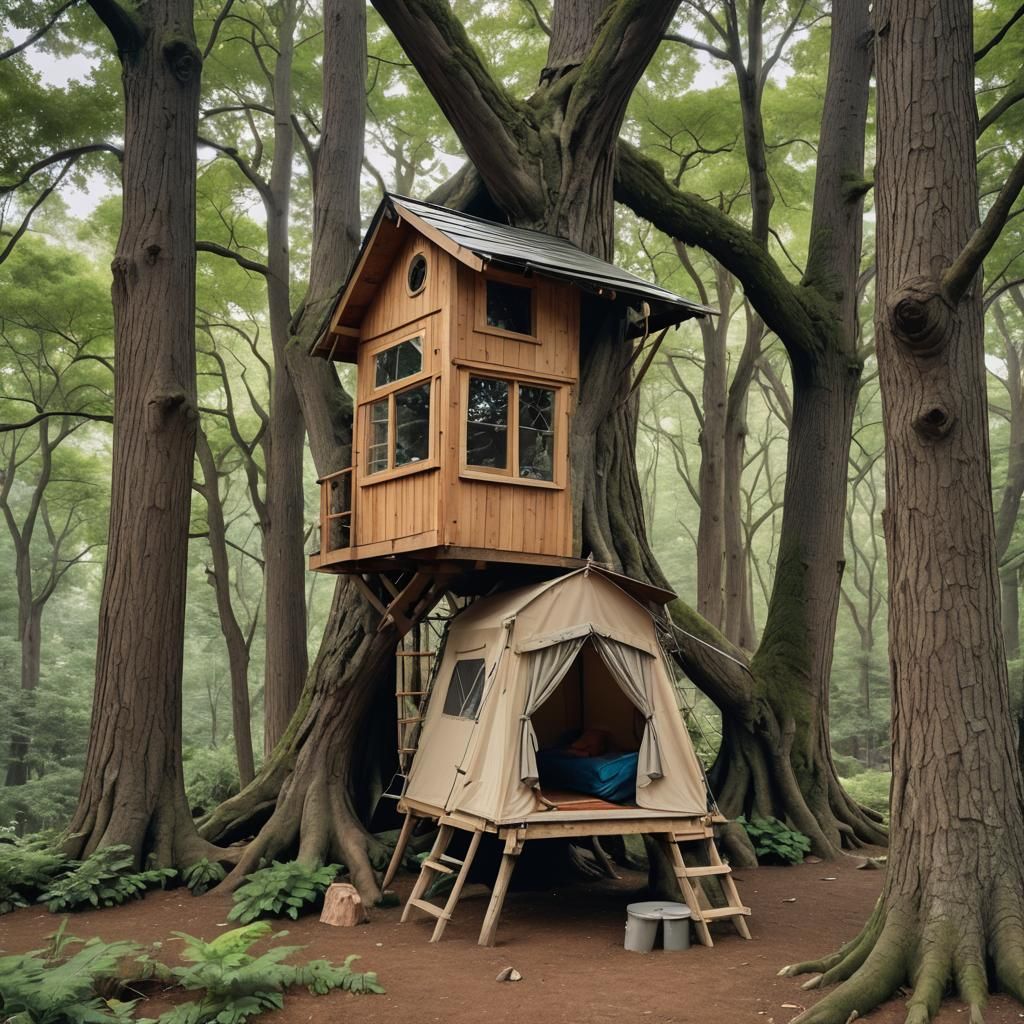 Treehouse with Tent: Forest Dwelling Scene