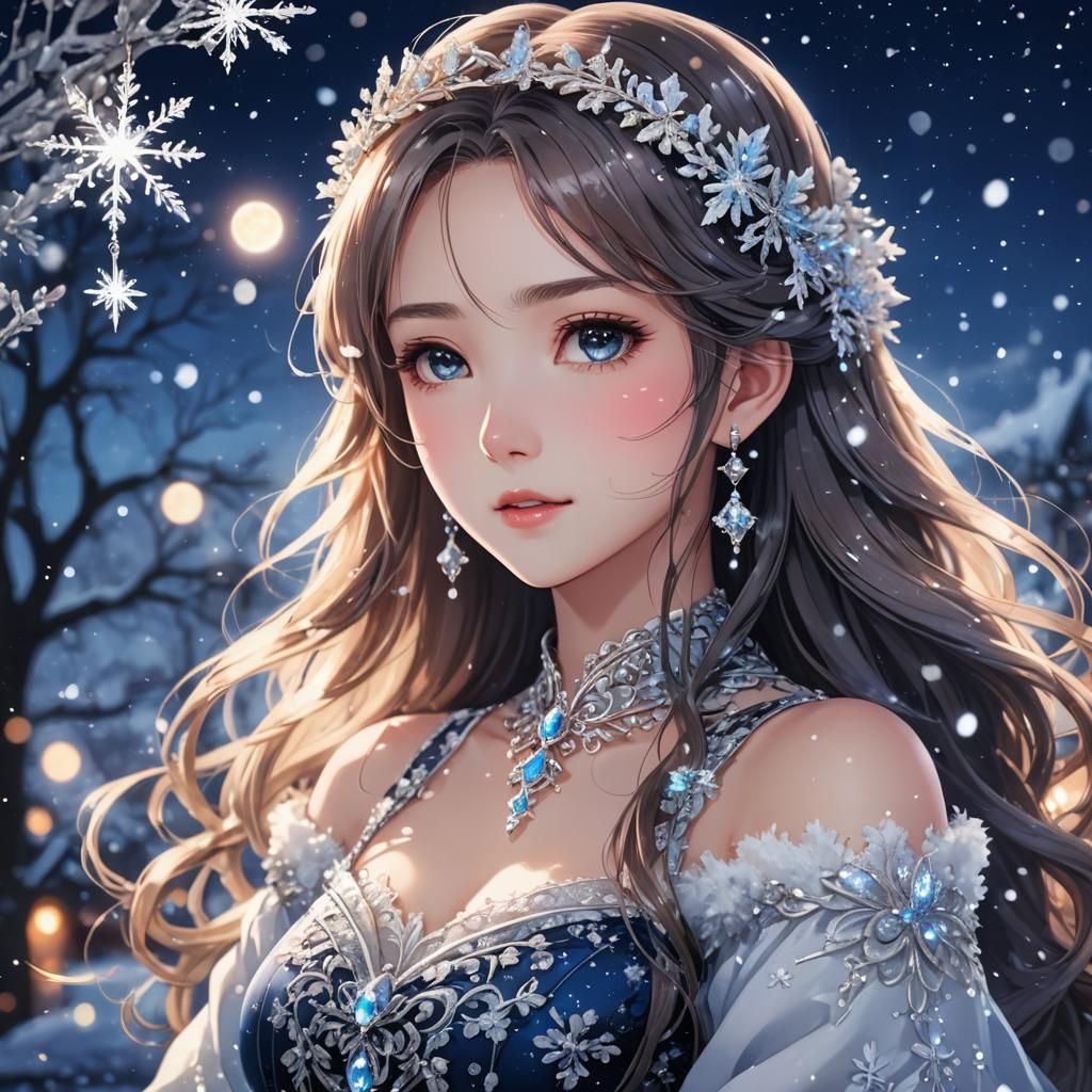 Anime Portrait: Beautiful Princess with Winter Snow Jewelry