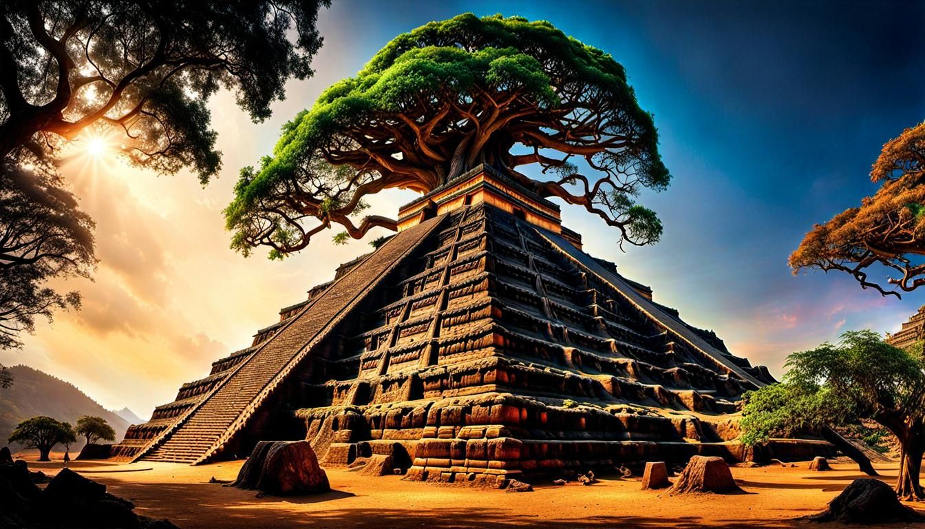 Lush Civilization Embraces Giant Tree: Hyperrealistic Photog...