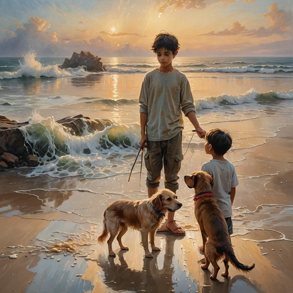 Ethereal Fantasy Painting: Boy, Dog, and Sea