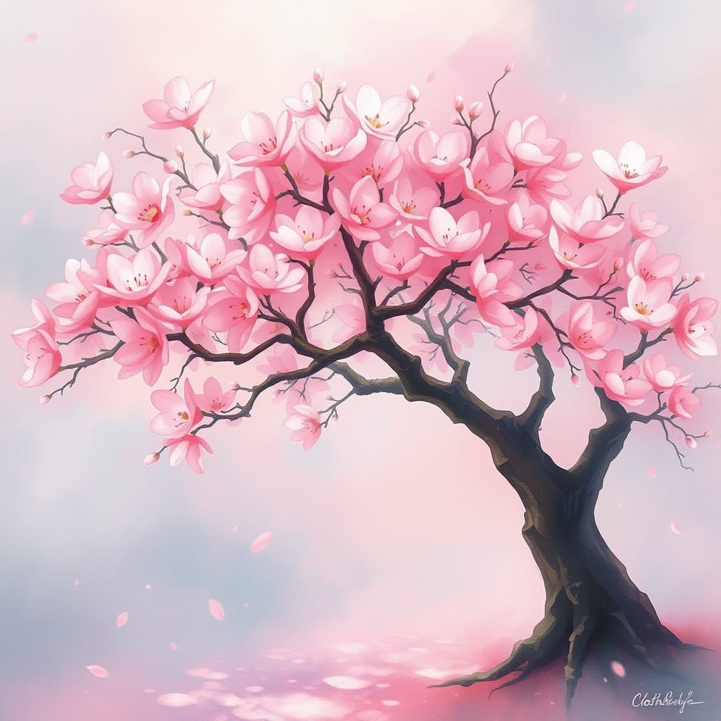 Sakura Tree in Bloom: A Whimsical Watercolor Fantasy
