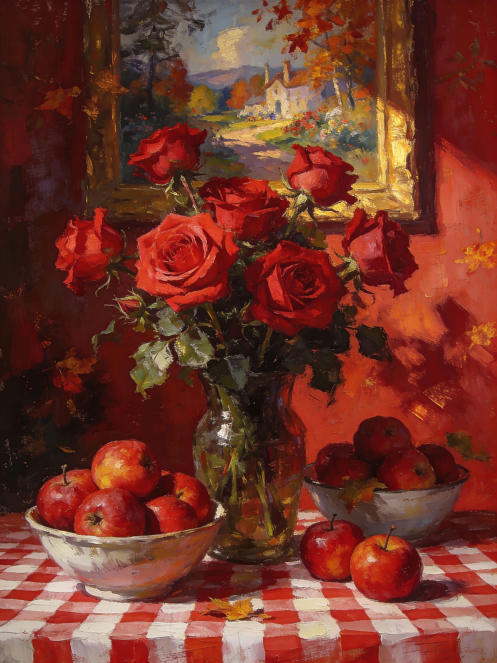 Expressionist Red Roses and Apples Still Life