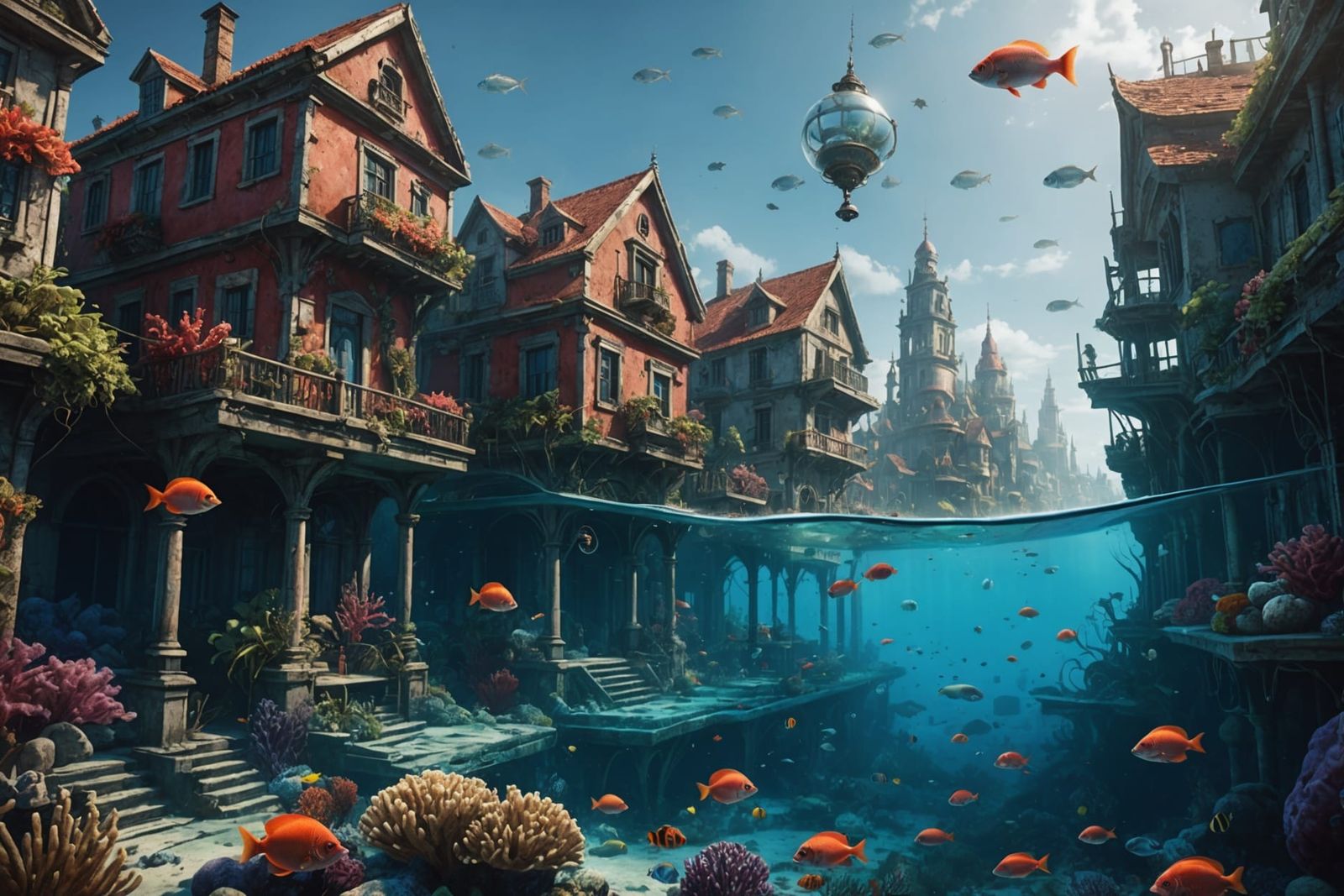 Underwater Cityscape with Coral Gardens, 8K Render