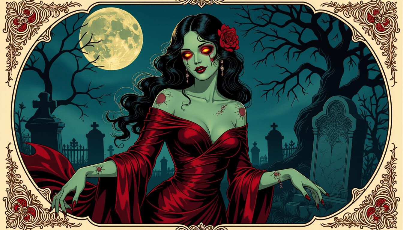 Hauntingly Beautiful Zombie in Moonlit Graveyard