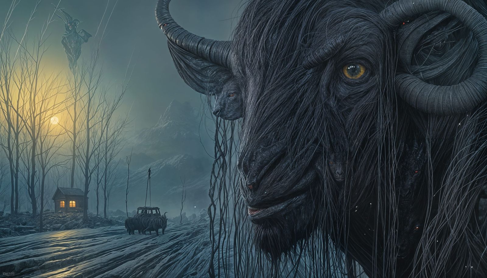 Mysterious Demon in Black Robe with Goat Horns