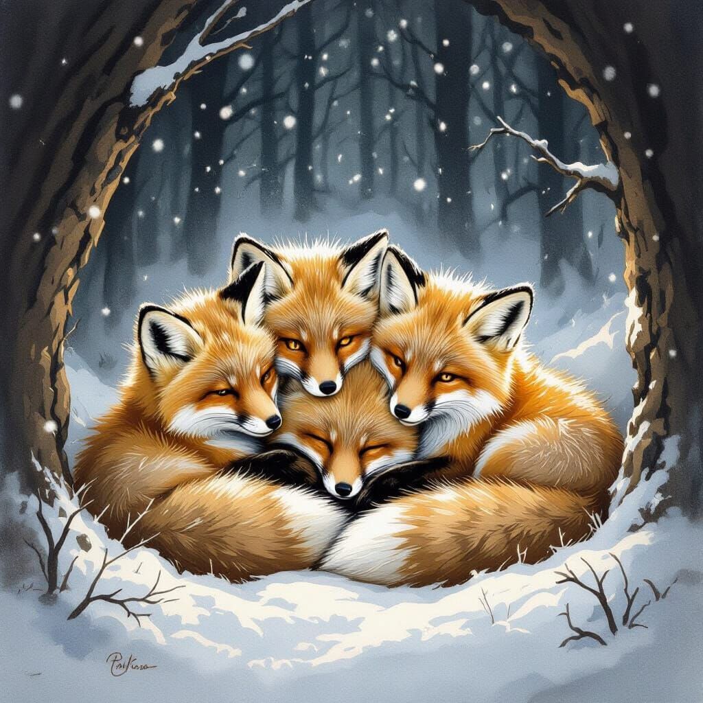 Four Fox Kits Snuggle in Snowy Forest Den