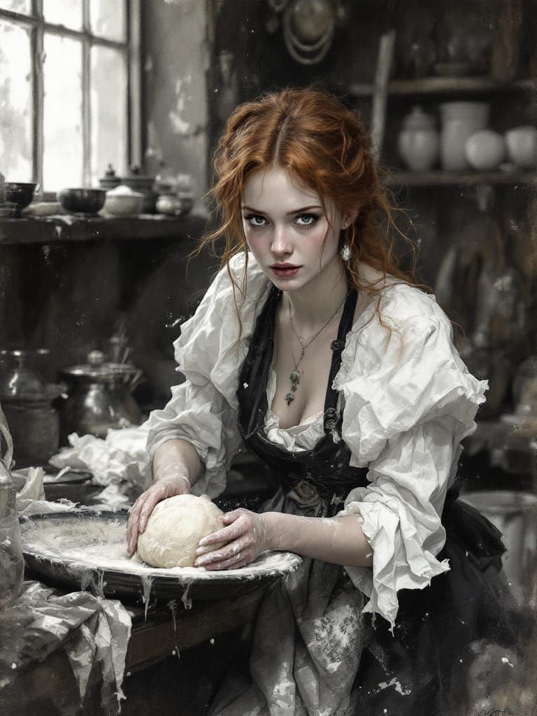Redhead Baker Kneading Dough in Luminous Gothic Kitchen