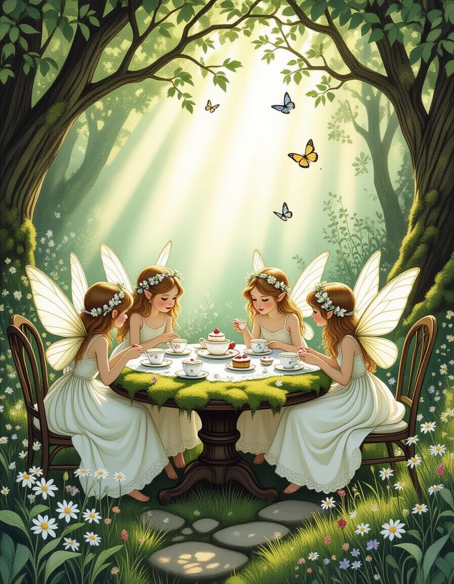 Fairies' Tea Party in Sunlight, Victorian Watercolor Style