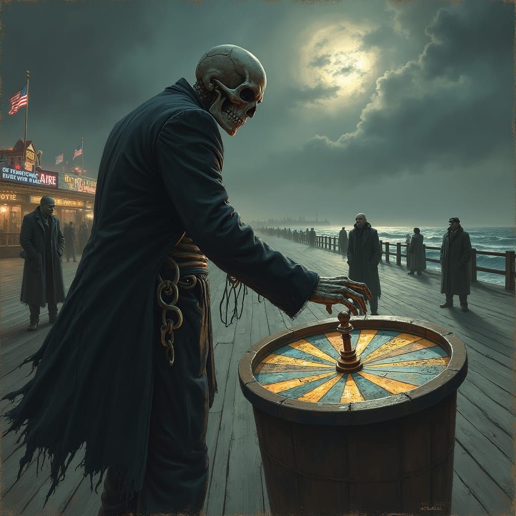 Skeleton Spins Wheel of Chance on Stormy Boardwalk