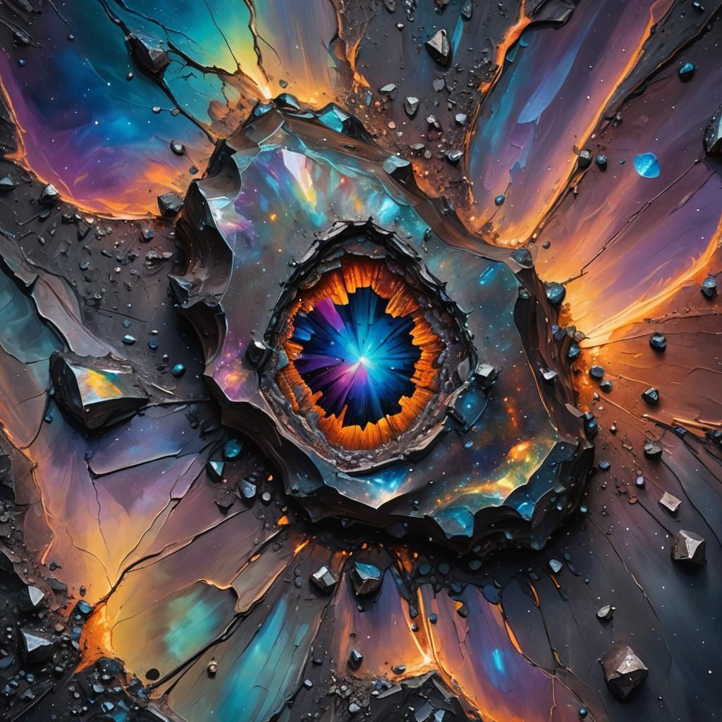 Iridescent Meteorite in Crater: Surreal Oil Painting