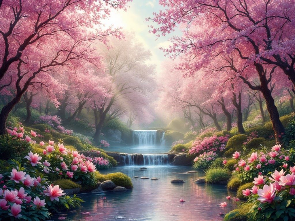 Surreal Spring Woodland with Vibrant Blooms and Enchanted Pa...