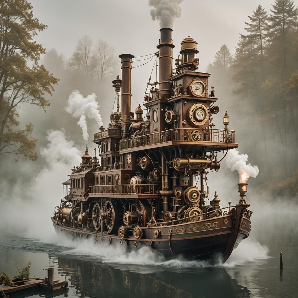 Steampunk Boat on Foggy Lake with Steam Engines