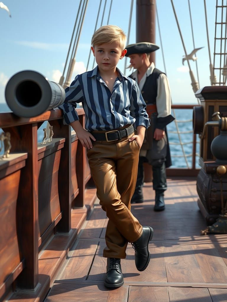 17th Century Cabin Boy Leans Against Cannon on Pirate Ship