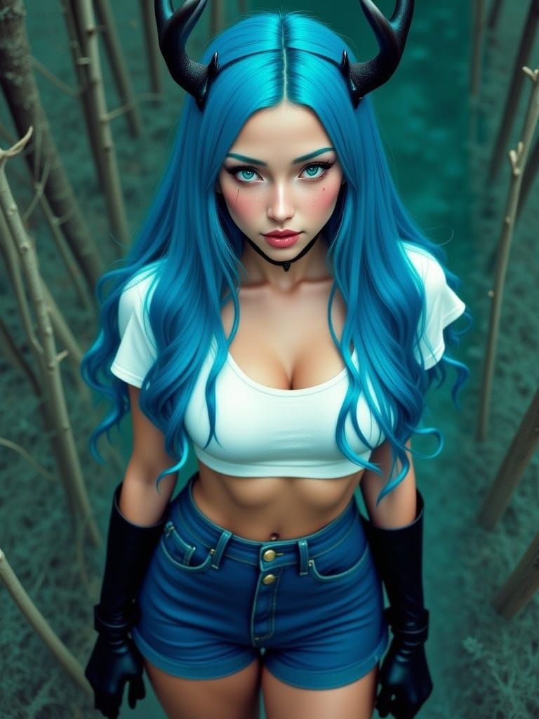 Blue-Haired Woman in White Crop Top, Editorial Photo