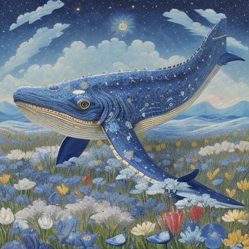 Blue Whale on Flower Field in Baroque Style
