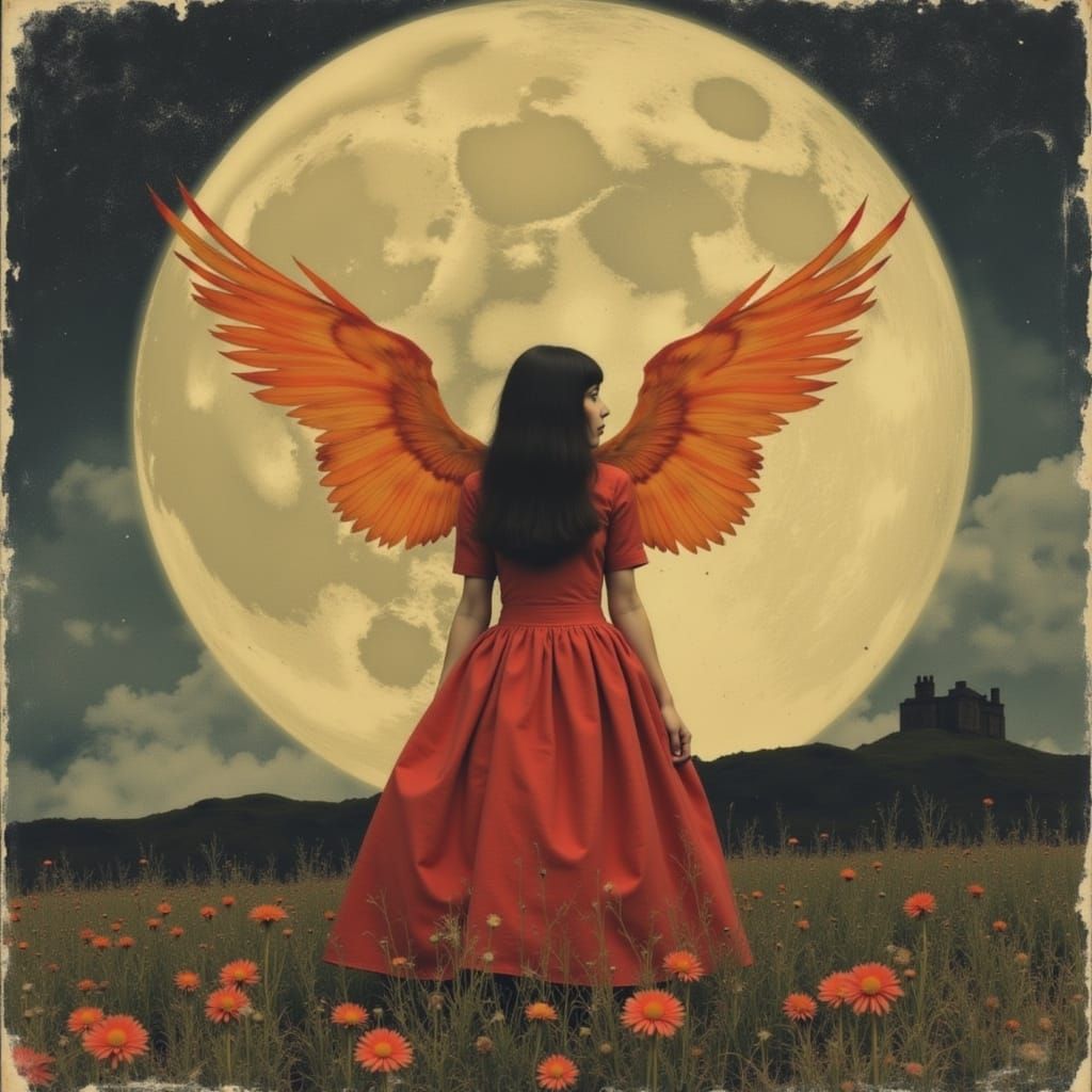 a girl in a red dress with orange wings stands in front of a large moon