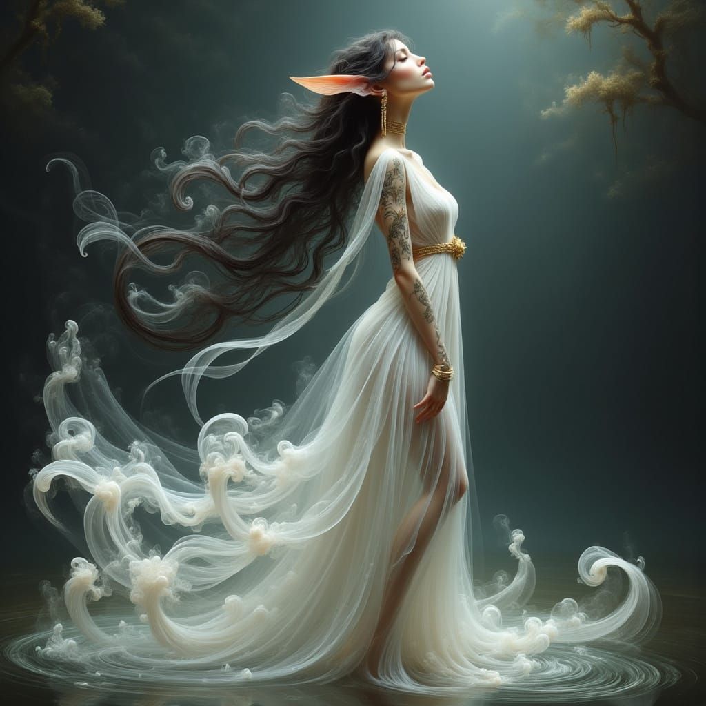 Moonlit Elf in Ethereal Chiffon by Water