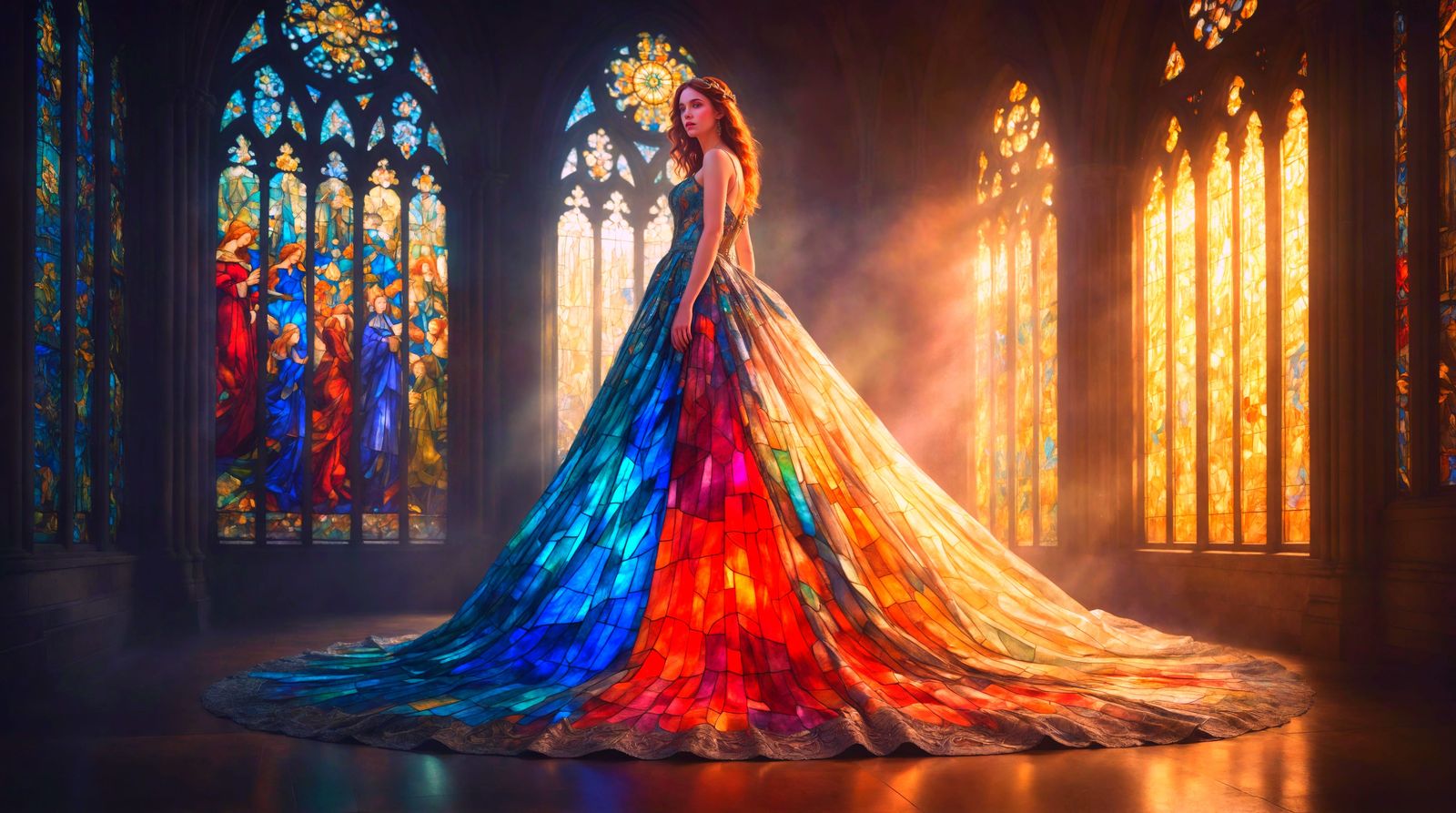 Gothic Stained Glass Gown Unfolds Like a Cathedral Scene