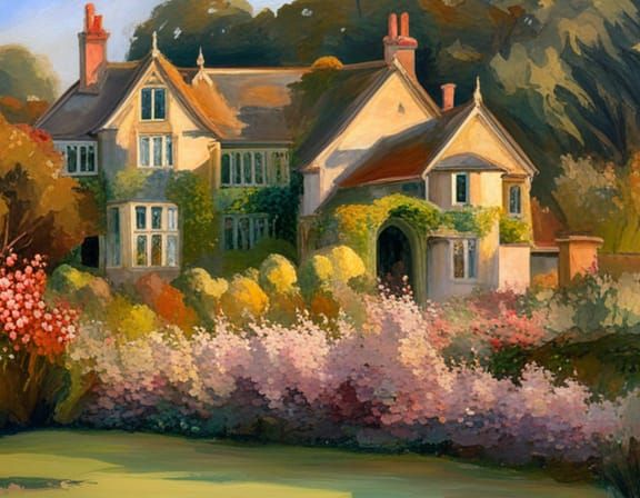 Majestic English Manor House Oil Painting