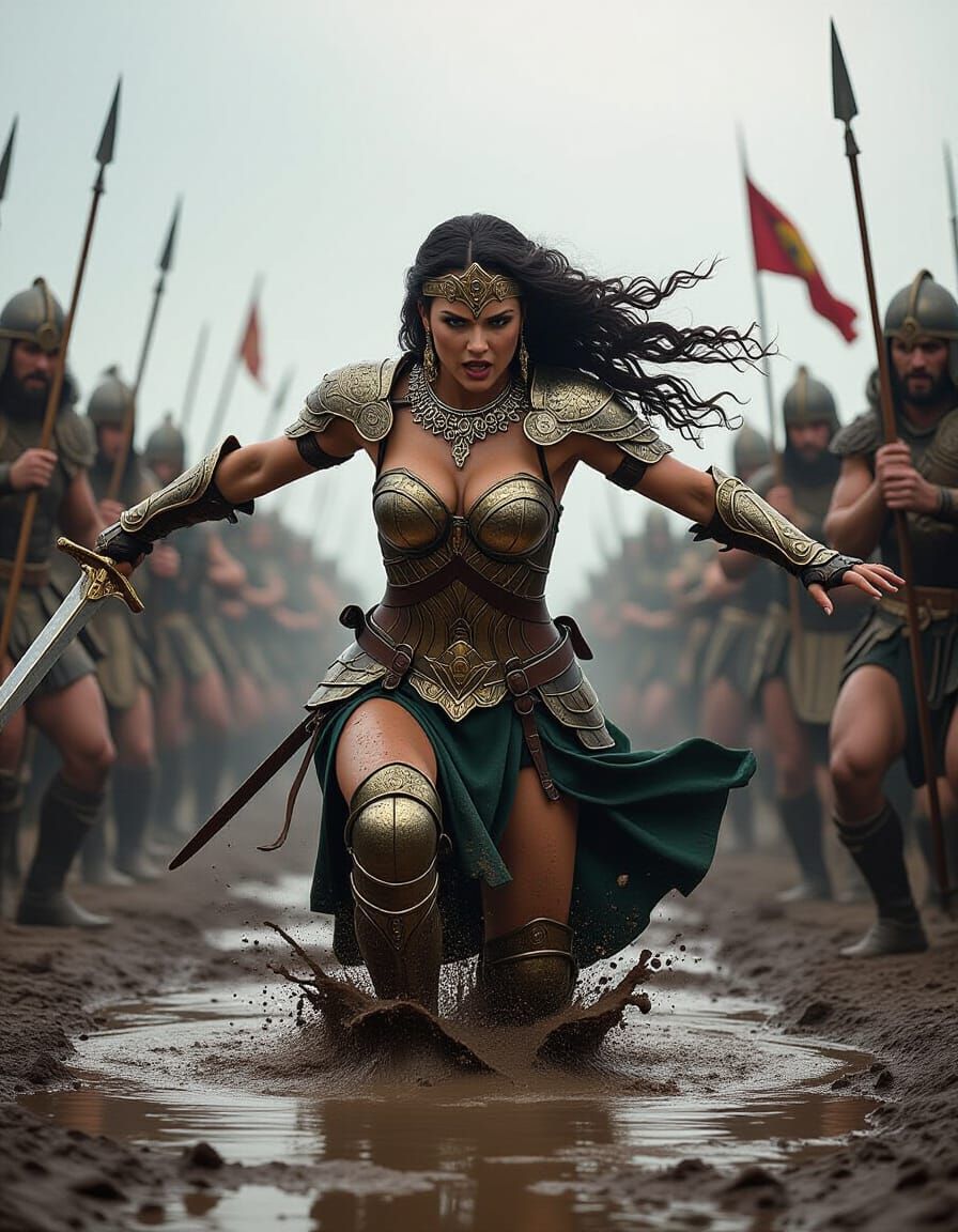 Warrior Queen's Muddy Battle Mishap in Dark Fantasy Style