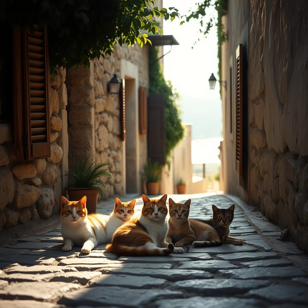 Greek Village Cats Bask in Mediterranean Sunlight