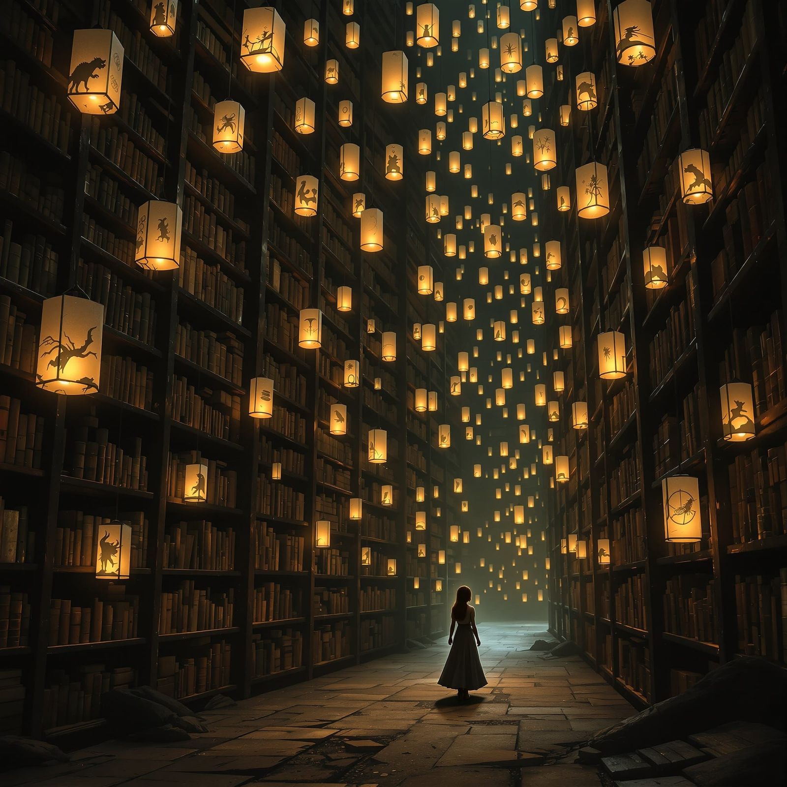Underground Library Illuminated by Paper Lanterns
