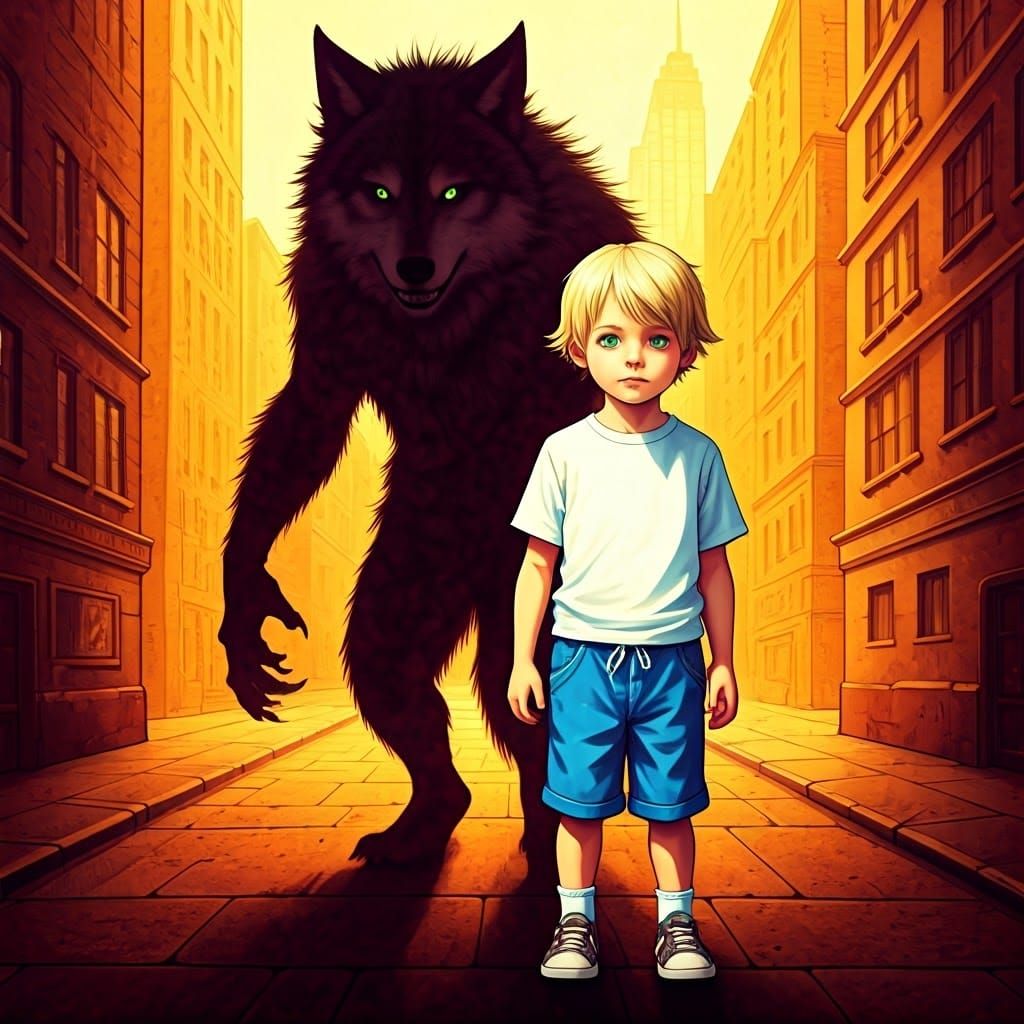 Child's Shadow Takes Shape of a Werewolf in Vibrant City Str...
