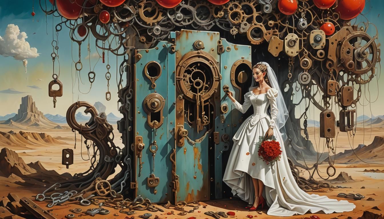 Steampunk Locksmith Bride in Surreal Landscape