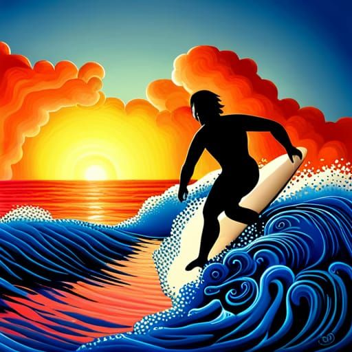 Surfer Rides Ocean Waves in Detailed Chiaroscuro