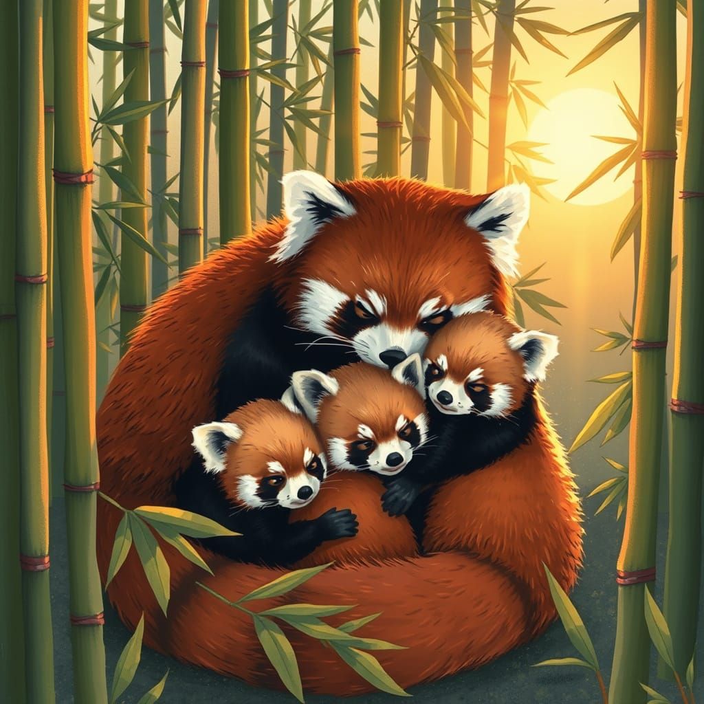 Red panda and her babies cuddling in the bamboo forest at su...
